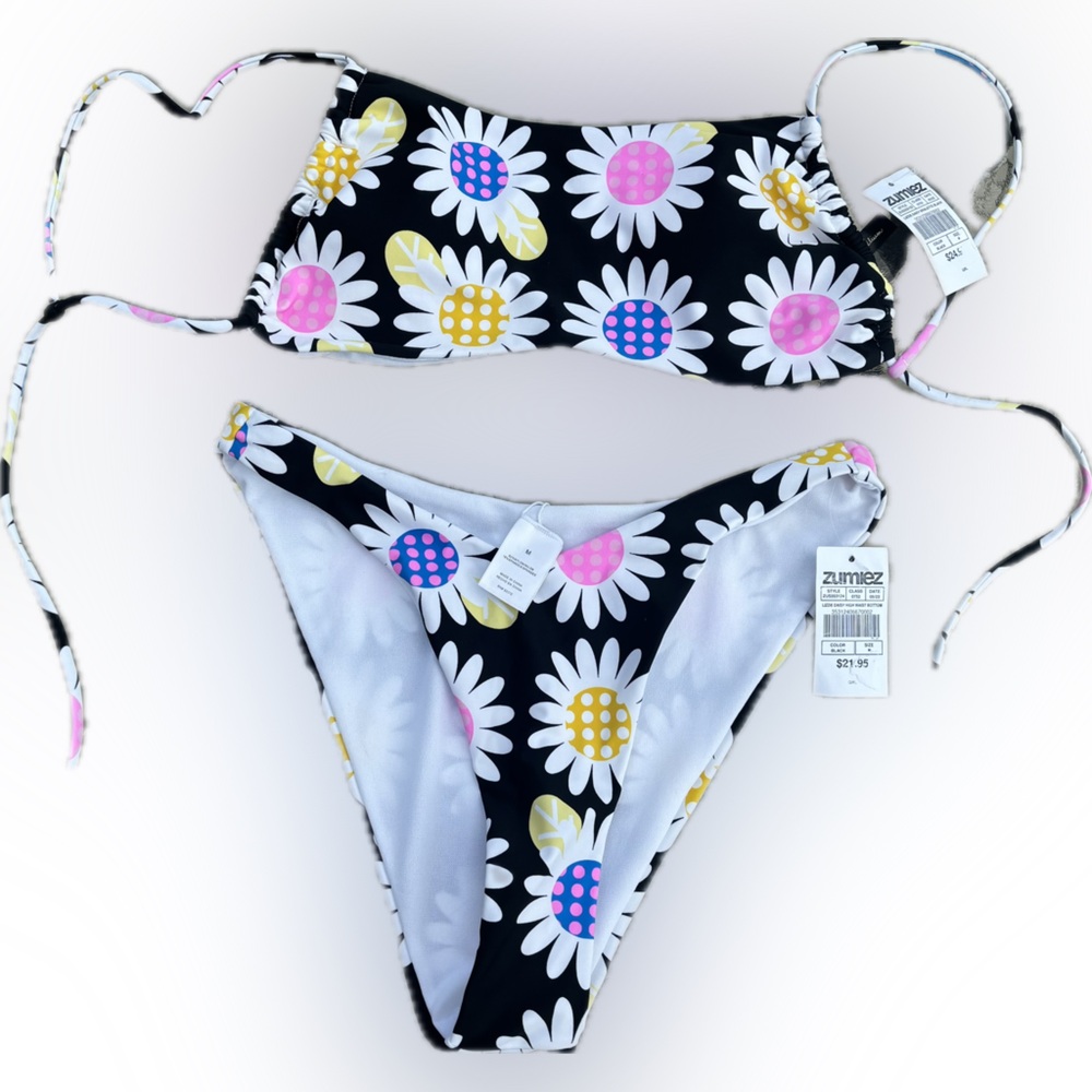 Trillium Lizzie Daisy Black High Leg Bikini Set Complete Bikini Set Size Medium